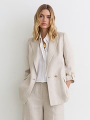 Reiss Neutral Nolah Linen-Blend Textured Double-Breasted Blazer - Image 1 of 7