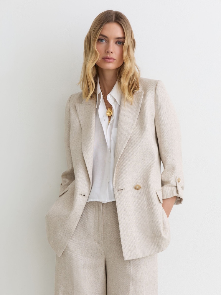 Reiss Neutral Nolah Linen-Blend Textured Double-Breasted Blazer - Image 1 of 7