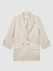 Reiss Neutral Nolah Linen-Blend Textured Double-Breasted Blazer - Image 2 of 7