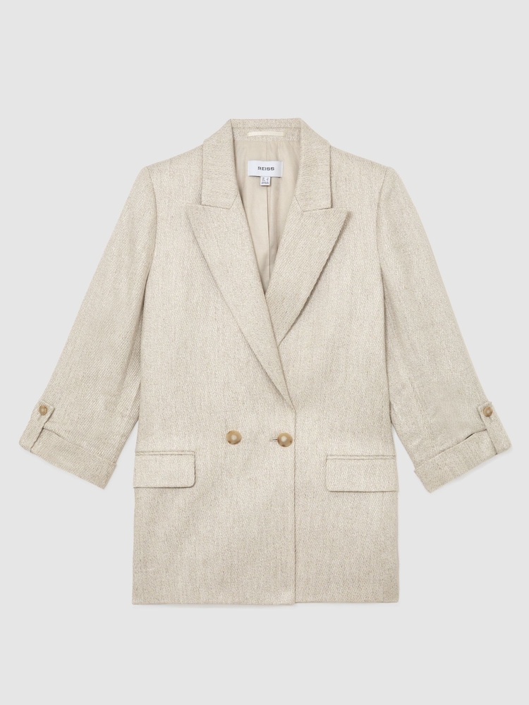 Reiss Neutral Nolah Linen-Blend Textured Double-Breasted Blazer - Image 2 of 7