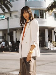 Reiss Neutral Nolah Petite Linen-Blend Textured Double-Breasted Blazer - Image 7 of 9