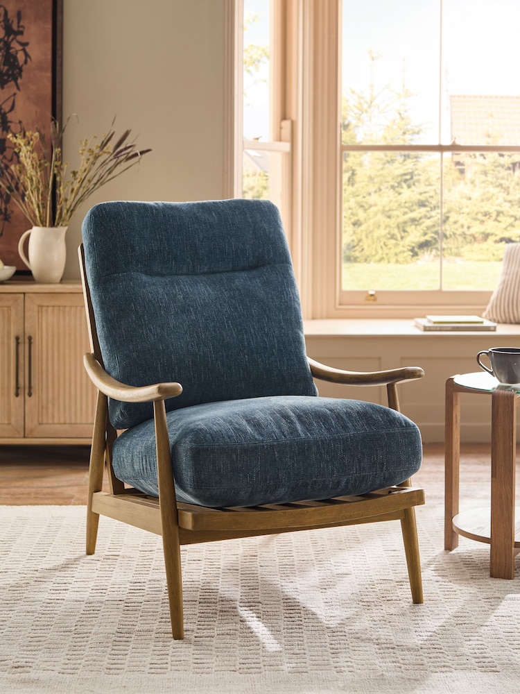 Costwold Chenille Dark Blue Hampton High Back Wooden Accent Chair - Image 1 of 9 Costwold Chenille Dark Blue Hampton High Back Wooden Accent Chair - Image 1 of 9