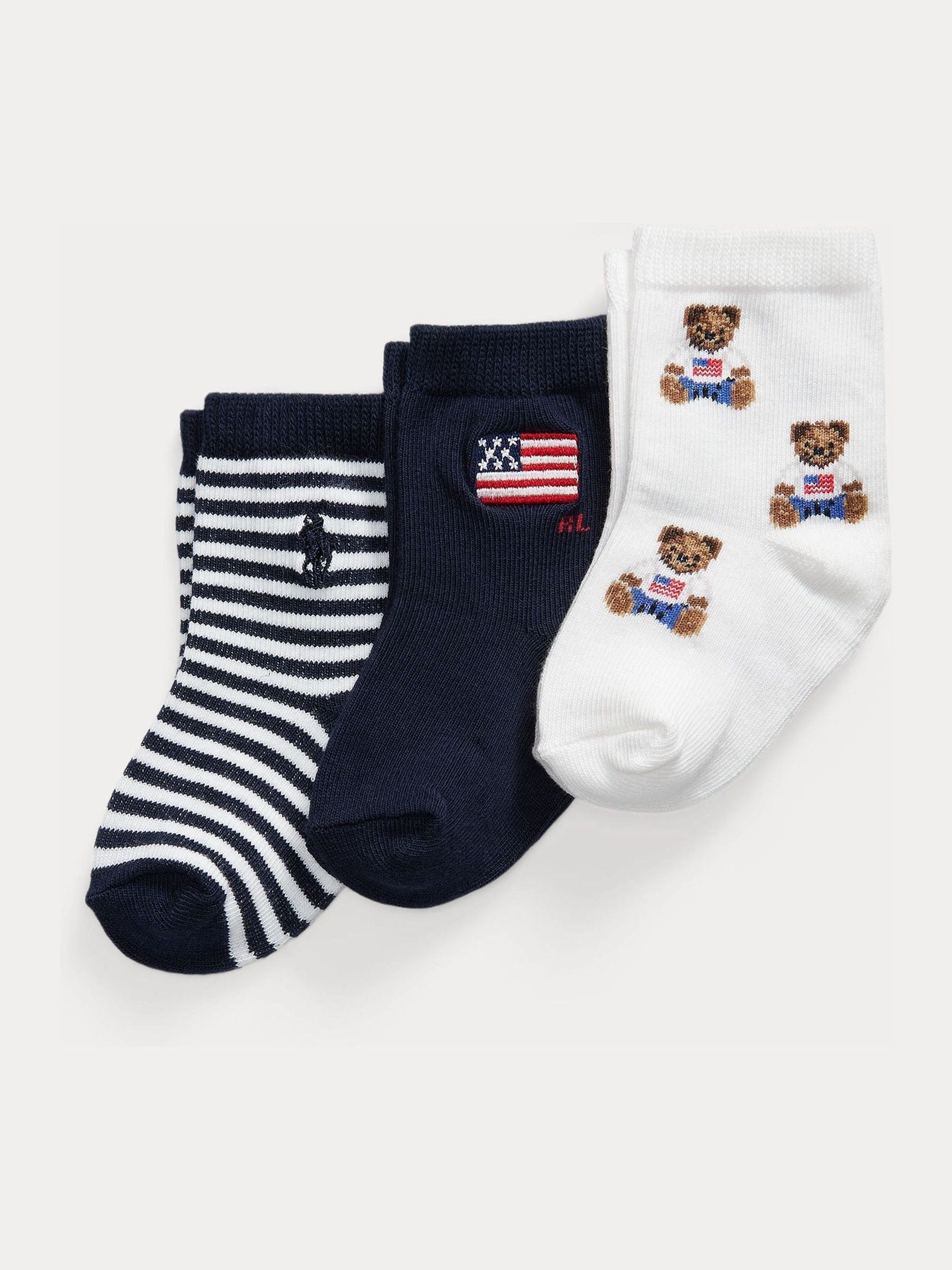 Polo Ralph Lauren White Polo Bear Flag Stripe Socks 3 Pack