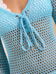 Friends Like These Blue Long Sleeve Crochet Mini Beach Cover-Up - Image 2 of 4