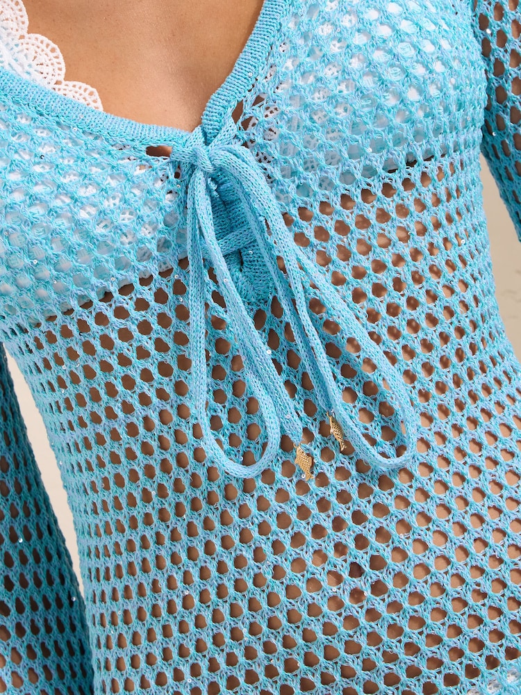 Friends Like These Blue Long Sleeve Crochet Mini Beach Cover-Up - Image 2 of 4