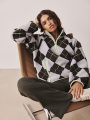 Lilac/Lime Argyle Print Active Borg Zip Neck Fleece - Image 1 of 6