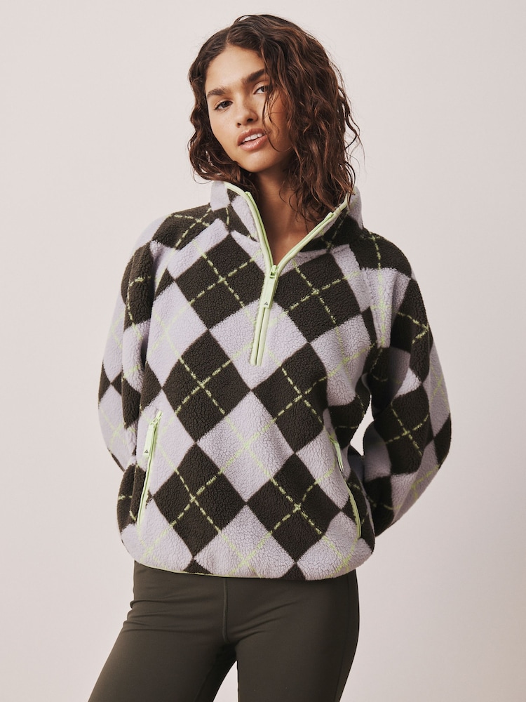 Lilac/Lime Argyle Print Active Borg Zip Neck Fleece - Image 2 of 6 Lilac/Lime Argyle Print Active Borg Zip Neck Fleece - Image 2 of 6