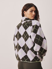 Lilac/Lime Argyle Print Active Borg Zip Neck Fleece - Image 4 of 6