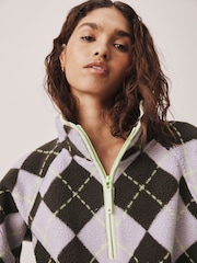 Lilac/Lime Argyle Print Active Borg Zip Neck Fleece - Image 5 of 6