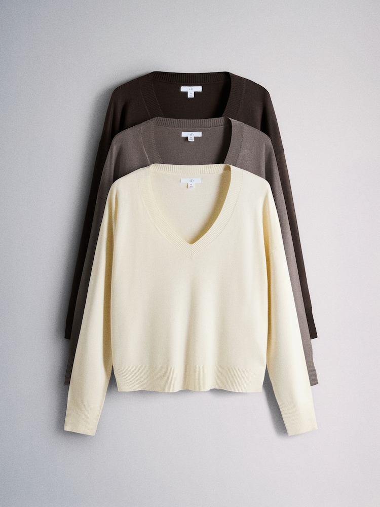 The Set 3 Pack V-Neck Fine Knit Long Sleeve Jumpers Chocolate Brown/Khaki Green/Cream - Image 1 of 6