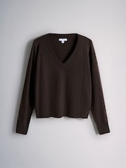 The Set 3 Pack V-Neck Fine Knit Long Sleeve Jumpers Chocolate Brown/Khaki Green/Cream - Image 2 of 6