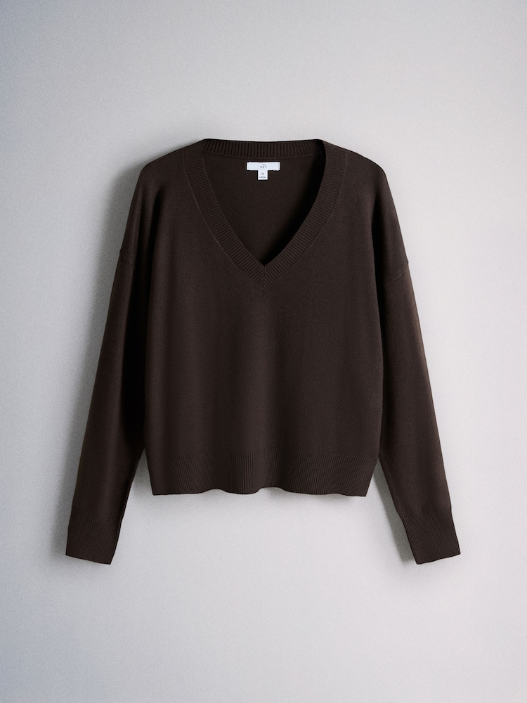 The Set 3 Pack V-Neck Fine Knit Long Sleeve Jumpers Chocolate Brown/Khaki Green/Cream - Image 2 of 6