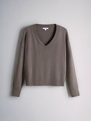 The Set 3 Pack V-Neck Fine Knit Long Sleeve Jumpers Chocolate Brown/Khaki Green/Cream - Image 3 of 6