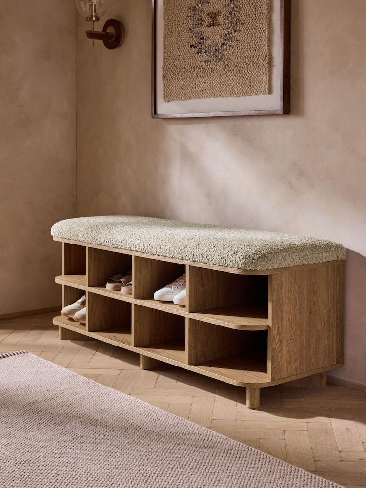 Tweedy Boucle Mink Brown and Wood Effect Nomad Hallway Shoe Storage Bench - Image 1 of 5