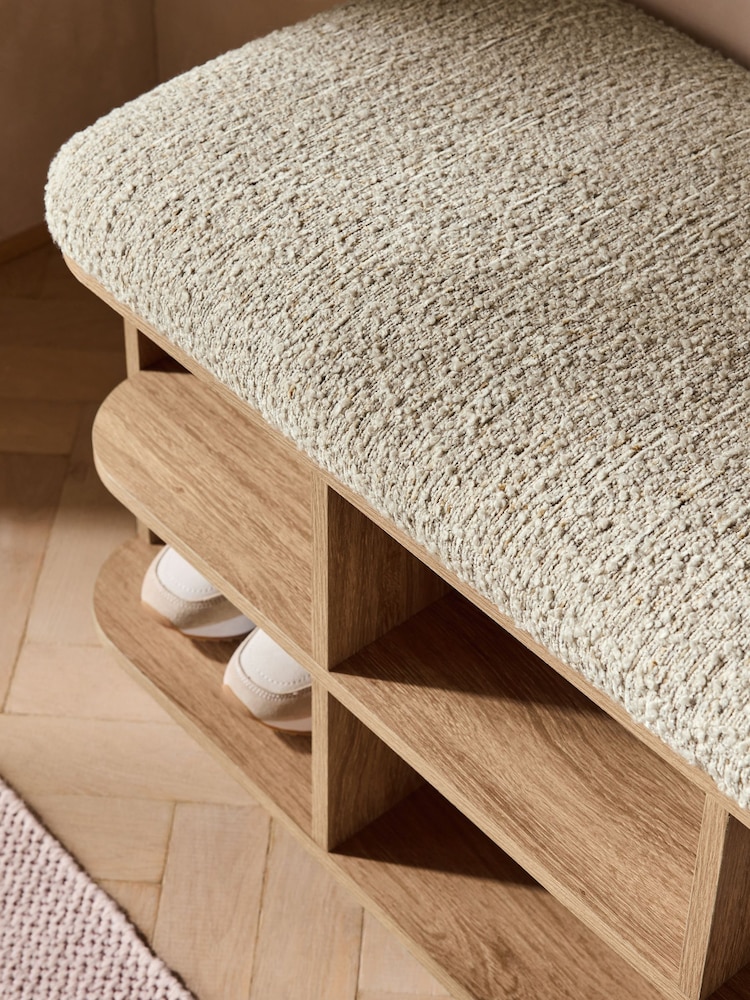 Tweedy Boucle Mink Brown and Wood Effect Nomad Hallway Shoe Storage Bench - Image 2 of 5