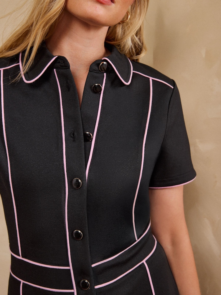 Love & Roses Black Contrast Piping Short Sleeve Pencil Midi Dress - Image 2 of 4 Love & Roses Black Contrast Piping Short Sleeve Pencil Midi Dress - Image 2 of 4