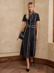Love & Roses Black Contrast Piping Short Sleeve Pencil Midi Dress - Image 3 of 4