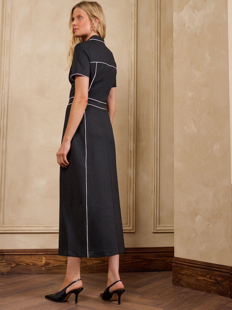 Love & Roses Black Contrast Piping Short Sleeve Pencil Midi Dress - Image 4 of 4 Love & Roses Black Contrast Piping Short Sleeve Pencil Midi Dress - Image 4 of 4
