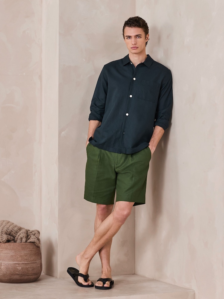 zelena - Relaxed Fit Linen Blend Formal Shorts - Slika 5 iz 5