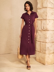 Love & Roses Burgundy Red Tailored Linen Look Midi Shirt Look Tie Waist Dress - Image 1 of 5