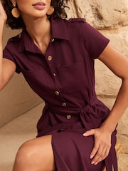 Love & Roses Burgundy Red Tailored Linen Look Midi Shirt Look Tie Waist Dress - Image 2 of 5