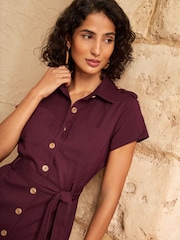 Love & Roses Burgundy Red Tailored Linen Look Midi Shirt Look Tie Waist Dress - Image 4 of 5
