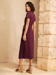 Love & Roses Burgundy Red Tailored Linen Look Midi Shirt Look Tie Waist Dress - Image 5 of 5