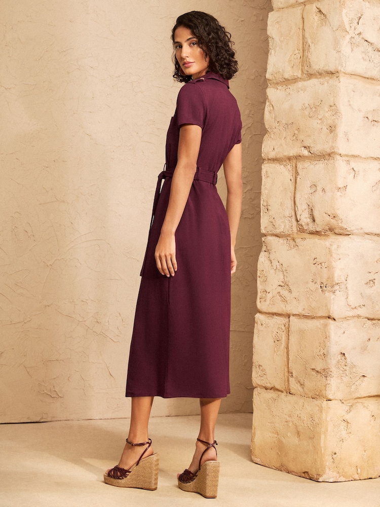 Love & Roses Burgundy Red Tailored Linen Look Midi Shirt Look Tie Waist Dress - Image 5 of 5
