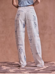 Ecru/Blue Print National Trust x Next High Rise Barrel Leg Jeans - Image 3 of 8