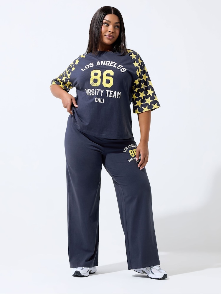 Yours Curve Blue Limited 86 Print Straight Leg Leggings - Image 2 of 5 Yours Curve Blue Limited 86 Print Straight Leg Leggings - Image 2 of 5