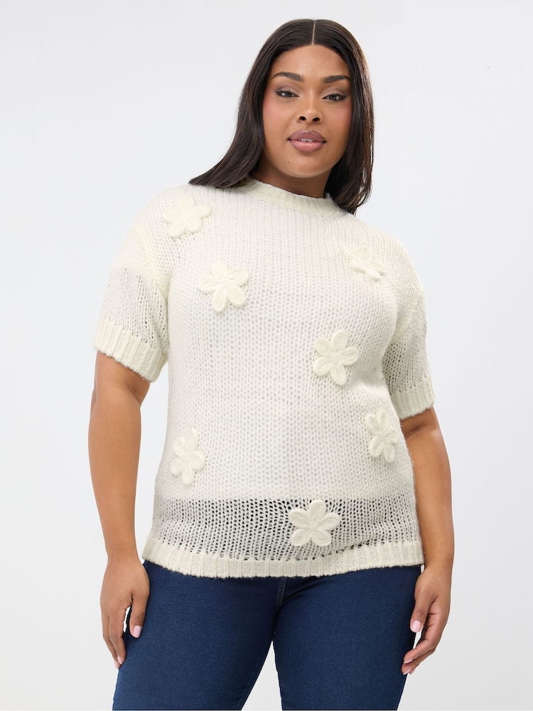 Yours Curve Cream Floral Short Sleeve Jumper - Image 1 of 5 Yours Curve Cream Floral Short Sleeve Jumper - Image 1 of 5
