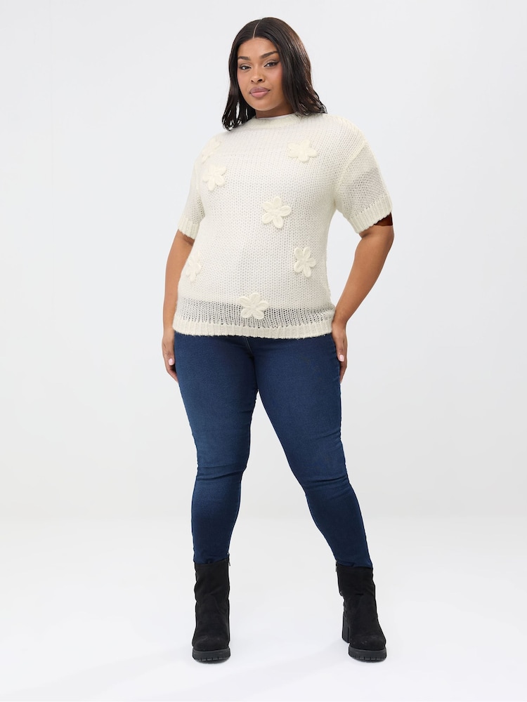 Yours Curve Cream Floral Short Sleeve Jumper - Image 2 of 5 Yours Curve Cream Floral Short Sleeve Jumper - Image 2 of 5