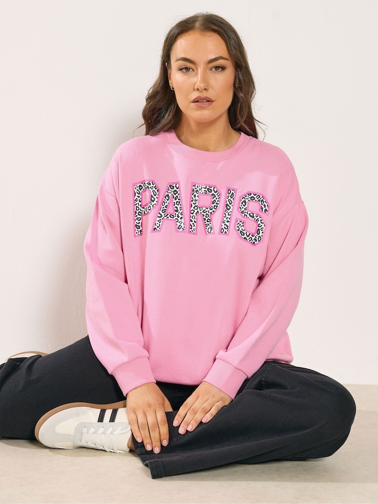 Yours Curve Pink Paris Leopard Sweatshirt - Image 1 of 5 Yours Curve Pink Paris Leopard Sweatshirt - Image 1 of 5
