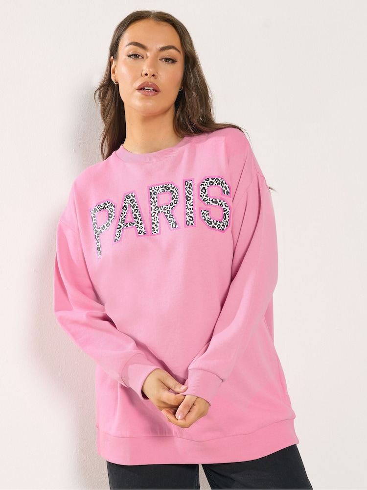 Yours Curve Pink Paris Leopard Sweatshirt - Image 2 of 5 Yours Curve Pink Paris Leopard Sweatshirt - Image 2 of 5