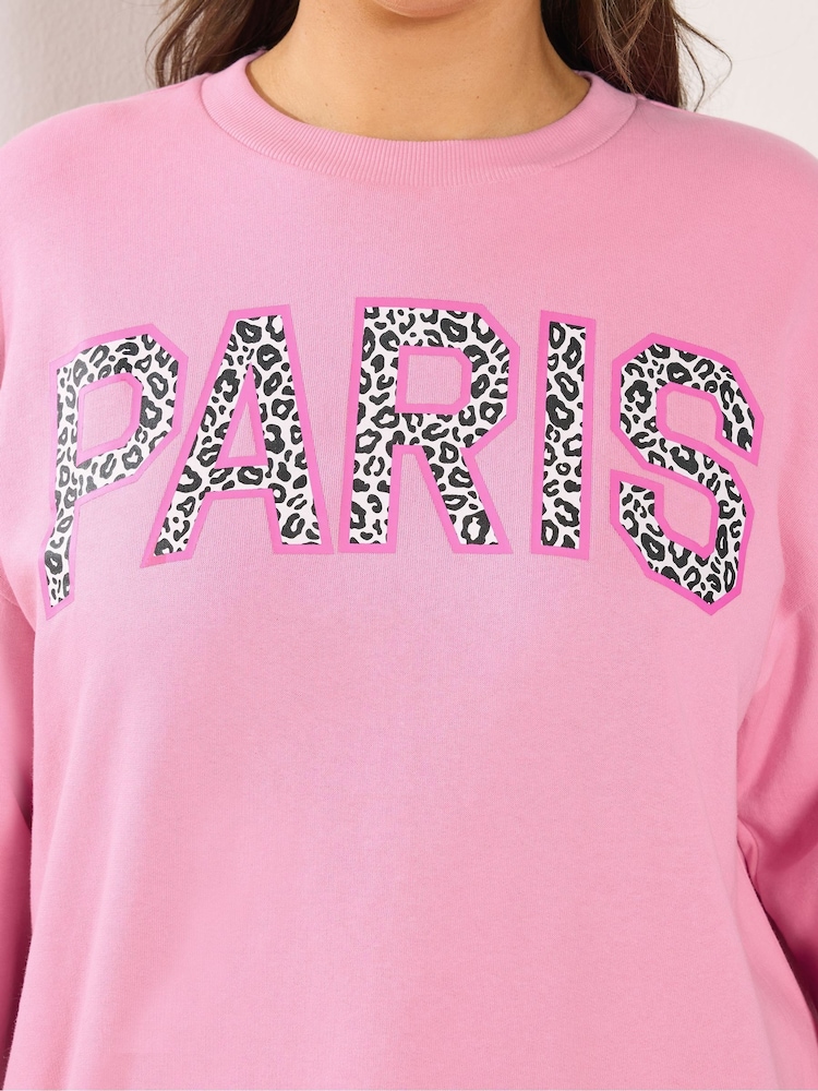 Yours Curve Pink Paris Leopard Sweatshirt - Image 5 of 5 Yours Curve Pink Paris Leopard Sweatshirt - Image 5 of 5