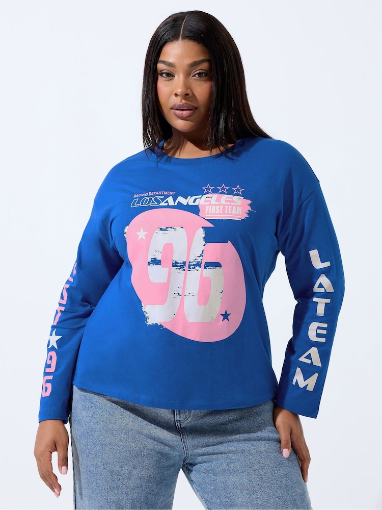 Yours Curve Blue Limited Long Sleeve Boxy T-Shirt - Image 1 of 5 Yours Curve Blue Limited Long Sleeve Boxy T-Shirt - Image 1 of 5