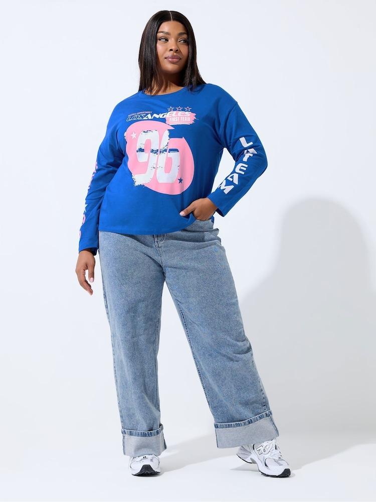 Yours Curve Blue Limited Long Sleeve Boxy T-Shirt - Image 2 of 5 Yours Curve Blue Limited Long Sleeve Boxy T-Shirt - Image 2 of 5