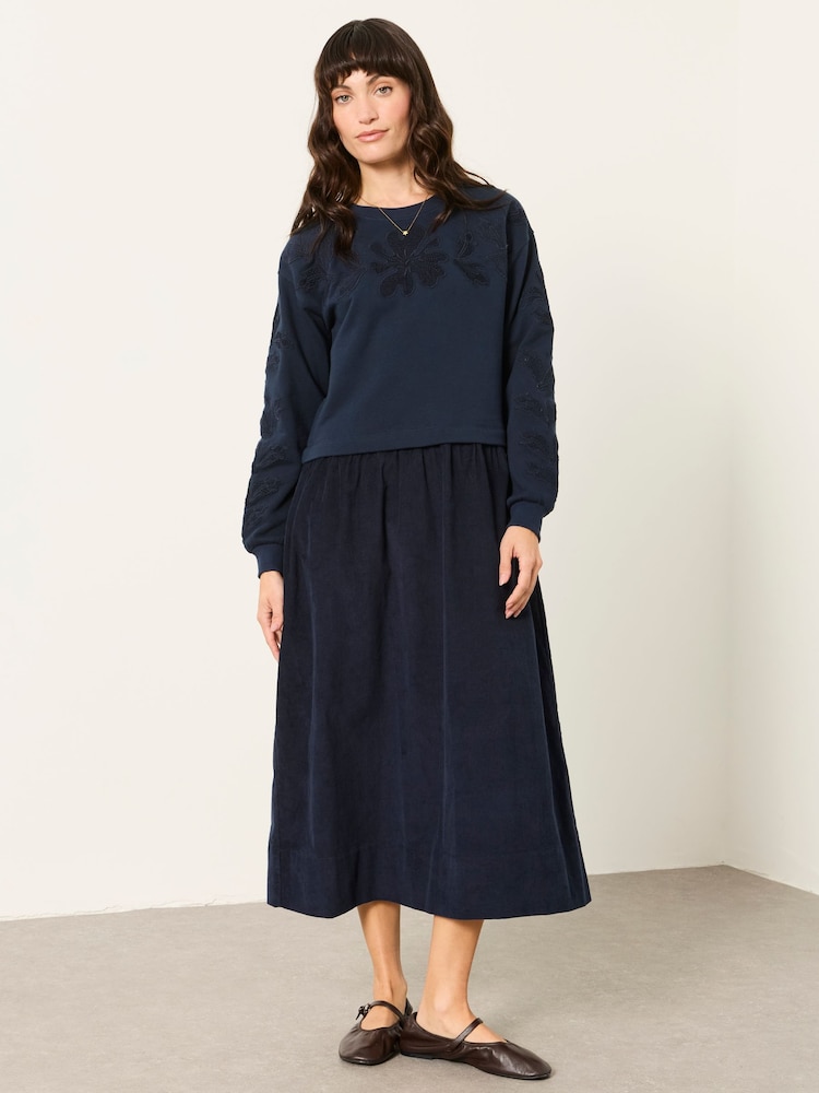 FatFace Pacey Navy 2in1 Cord Midi Dress - Image 1 of 5 FatFace Pacey Navy 2in1 Cord Midi Dress - Image 1 of 5