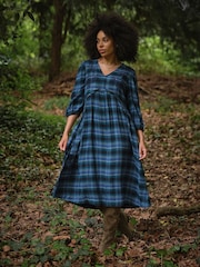 FatFace Connie Teal Blue Check Midi Dress - Image 1 of 7