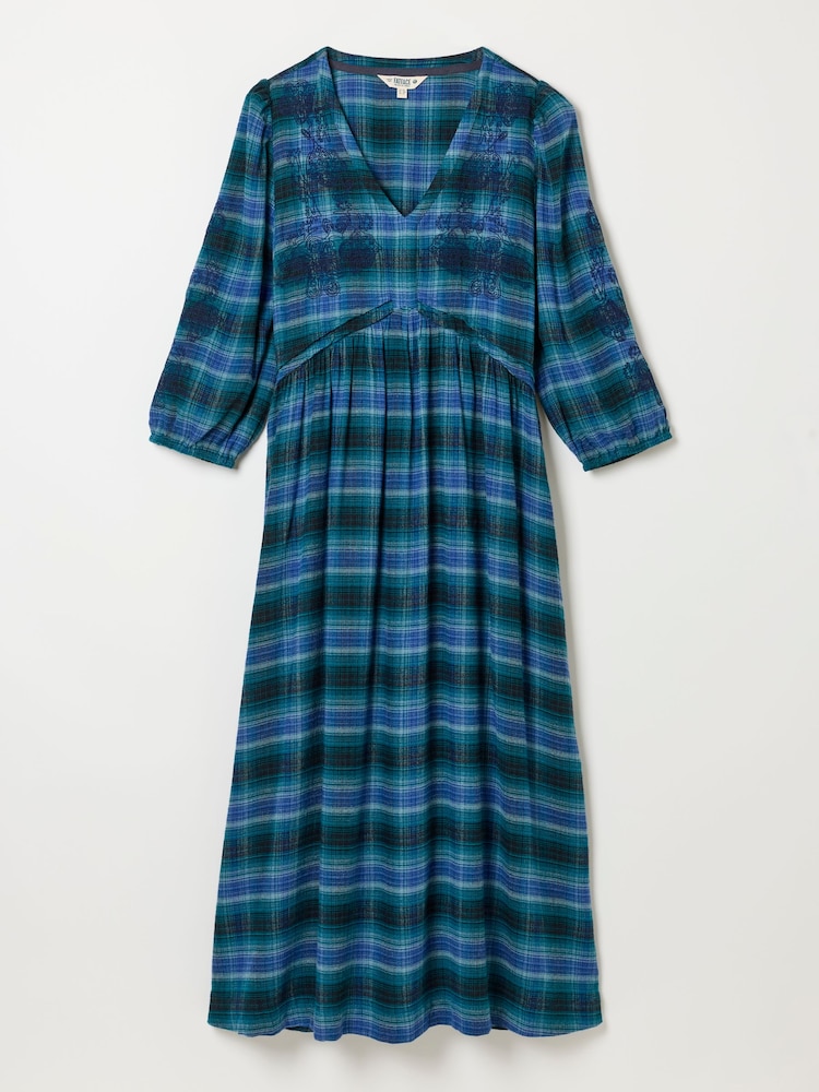 FatFace Connie Teal Blue Check Midi Dress - Image 7 of 7 FatFace Connie Teal Blue Check Midi Dress - Image 7 of 7