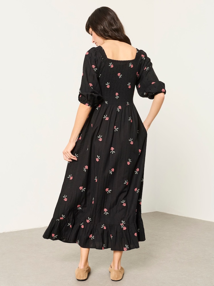 FatFace Adele Black Embroidered Midi Dress - Image 2 of 5 FatFace Adele Black Embroidered Midi Dress - Image 2 of 5