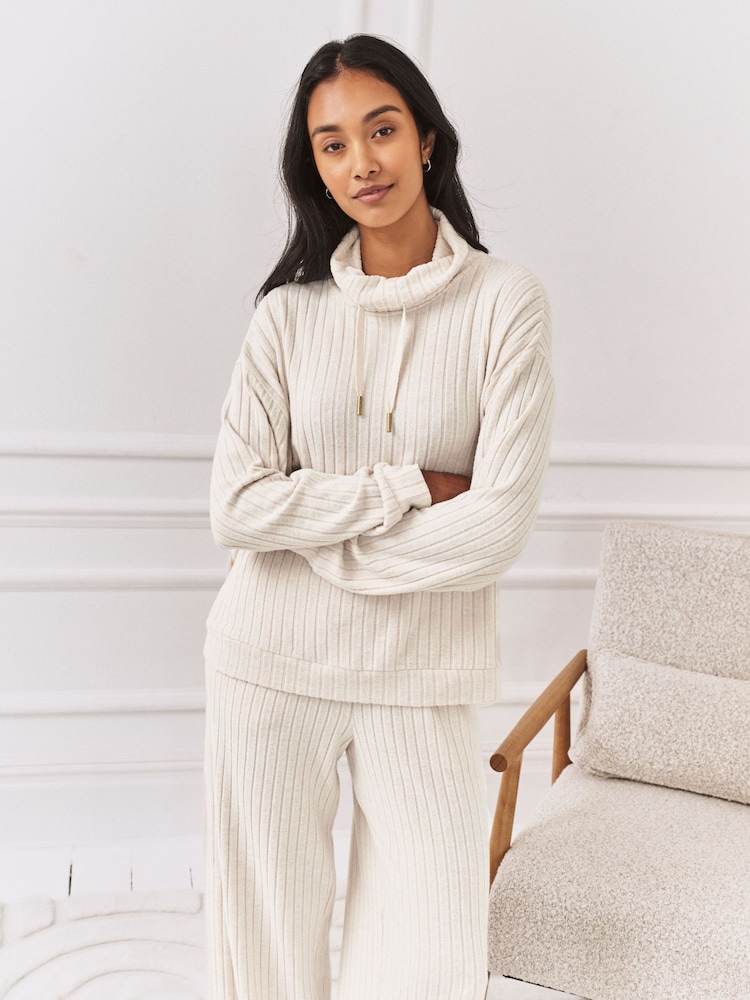 Chelsea Peers Natural Ribbed Knit High Neck Sweatshirt - Image 1 of 7 Chelsea Peers Natural Ribbed Knit High Neck Sweatshirt - Image 1 of 7