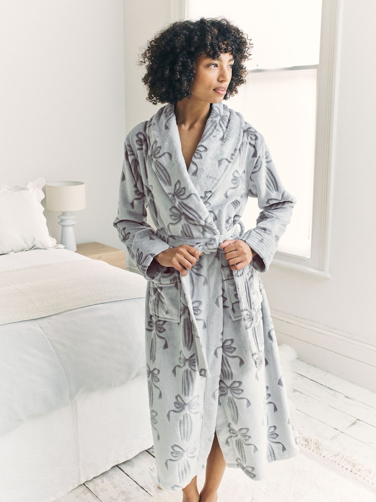 Chelsea Peers Cream Fleece Burnout Ribbon Bow Long Dressing Gown - Image 1 of 6 Chelsea Peers Cream Fleece Burnout Ribbon Bow Long Dressing Gown - Image 1 of 6