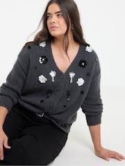 Simply Be Grey Embellished V-Neck Cardigan - Image 2 of 4