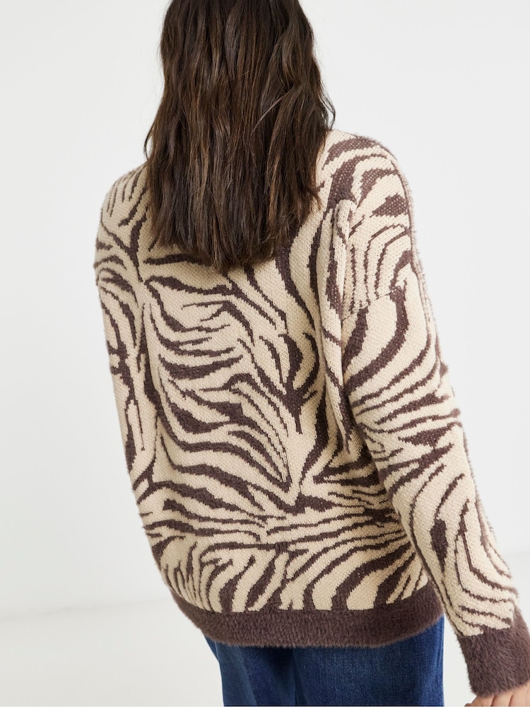 Simply Be Brown Zebra Fluffy Crew Neck Jumper - Image 2 of 4