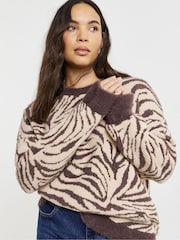Simply Be Brown Zebra Fluffy Crew Neck Jumper - Image 3 of 4