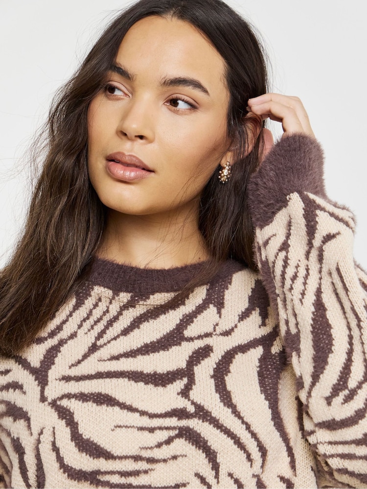 Simply Be Brown Zebra Fluffy Crew Neck Jumper - Image 4 of 4