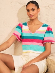 Love & Roses x RHS Rainbow Stripe Petite Scallop T-Shirt - Image 1 of 4