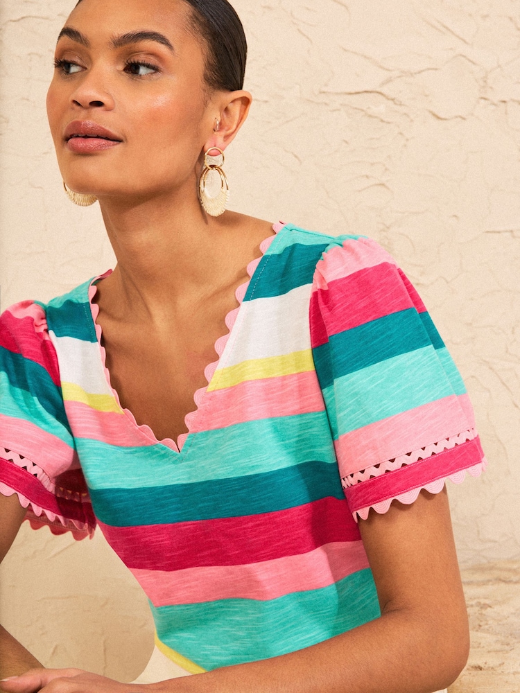 Love & Roses x RHS Rainbow Stripe Petite Scallop T-Shirt - Image 2 of 4