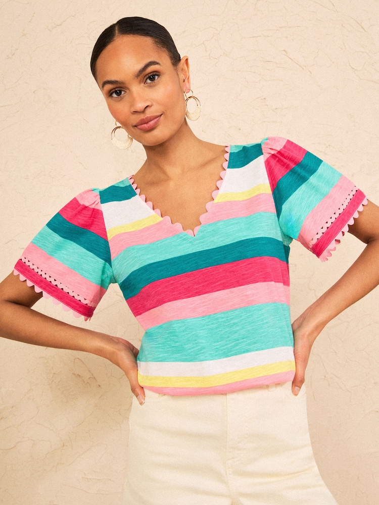 Love & Roses x RHS Rainbow Stripe Petite Scallop T-Shirt - Image 4 of 4